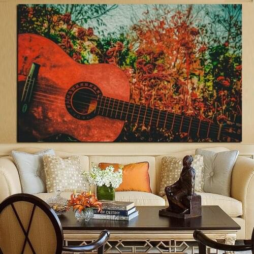 Canvas Painting Music Guitar in Flowering Shrubs Canvas Poster Print for living room bedroom home decoration