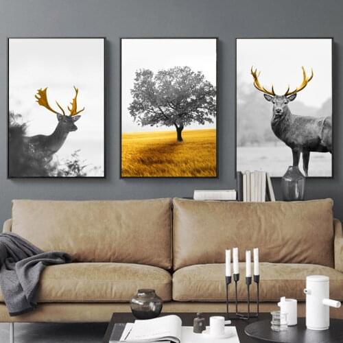 Sika Deer Golden Grassland Tree Landscape Wall Art Canvas Painting Nordic Posters And Prints Wall Pictures For Living Room Decor