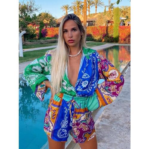 Print Green Shorts Set Women Vintage Beach Boho Oversized Pant Sets Suits Wide Leg Two Pieces Matching Set Female Clothing