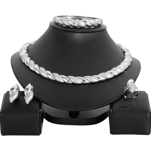 Dubai Silver Color Jewelry Sets for Women Choker Necklace Ring Charm Earrings African Wedding Bridal Jewelry Set