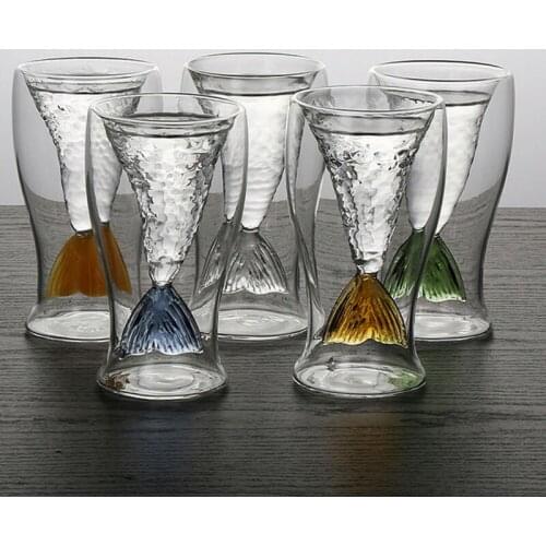 Creative Double Wall Glass Mermaid Cup Crystal Shotglasses Vodka Cocktail Beer Cup Mug Fish Tail Shot Glass Cup Drinkware Cup