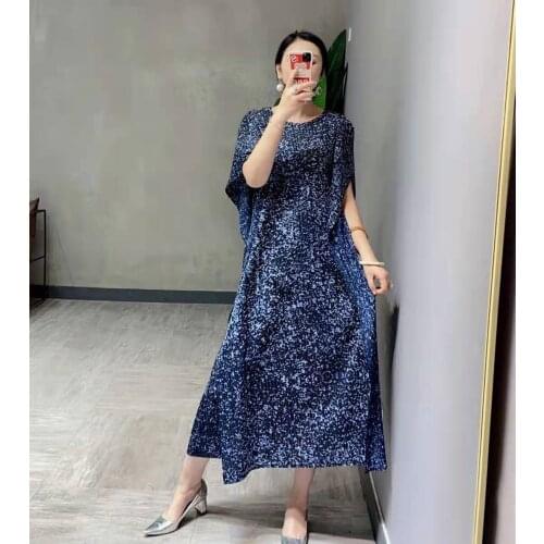 HOT SELLING Miyake fashion style pleated o-neck dress splice loose irregular print dress IN STOCK