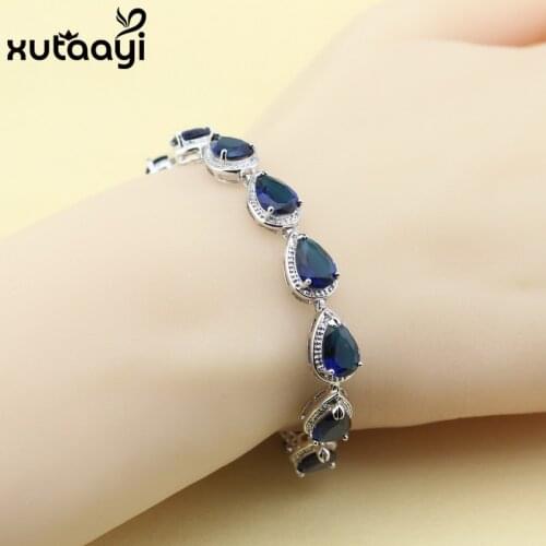 Hot Sell Silver colorcolor Jewelry For Women Water Drop Blue Zircon Fashion Link Chain Bracelets Length18+2cm Free Box