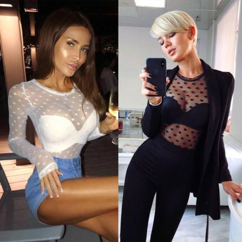 Fashion Women See through Sheer Mesh Shirts Polka Dot Long Sleeve T Shirt Tops Clubwear