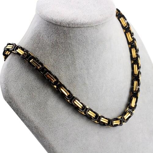Width 8MM Mens Gold Black Stainless steel Byzantine Imperial Chains Necklaces Fashion Punk Jewelry Length 61CM Christmas Gifts