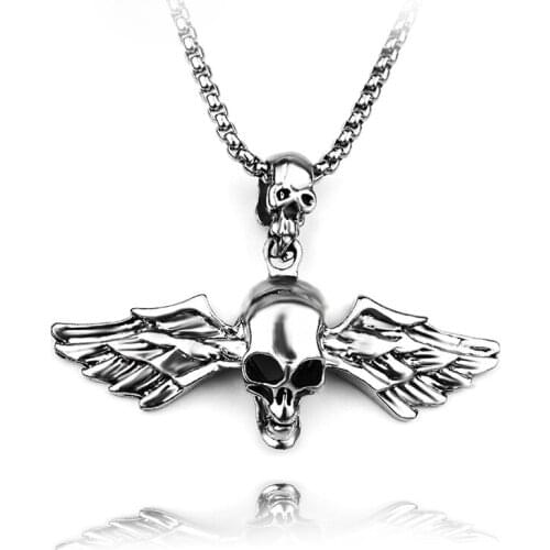 Mens Fashion Stainless Steel Pendant Silver Color Skeleton Head Wing Long Chain Necklace