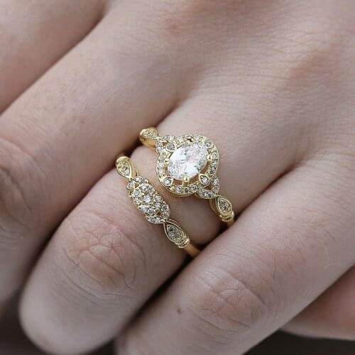 HUITAN New Come Shiny Yellow Gold Color 2PC Ring Set For Women Stylish Cocktail Party Finger Ring New Years Gift For Wife