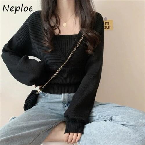 Neploe Square Collar Clavicle Exposed Knit Sweater Women Pullover Long Sleeve Slim Fit Solid Puff Femme Winter 2020 New Sueter