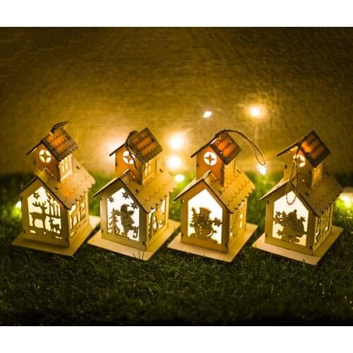 New Year Christmas Ornaments LED Light Chalet Hotel Bar Xmas Tree Decorations Christmas Wooden Pendants For Home