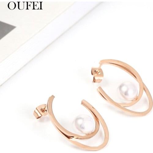 OUFEI Rose Gold Earrings With Pearl 2019 Women Earring Fashion Jewelry Stainless Steel Jewelry Woman Summer Accessories