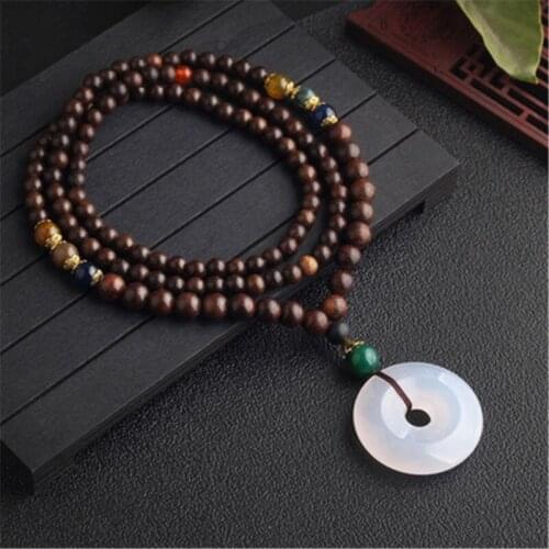 2021 Natural Chalcedony Peace Buckle Pendant National Wind Sweater Chain Long Paragraph High-end Necklace Female Retro Jewelry