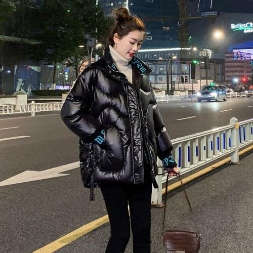 PEONFLY Womens Winter Jacket Parkas Stand Collar Shiny Female Thick Warm Coats Fashion Padded With Zipper Coat Outerwear