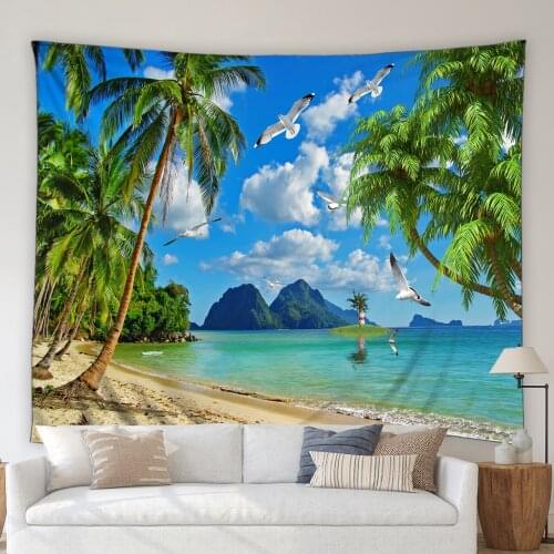 Ocean Beach Scenery Tapestry Wall Hanging Tropical Plants Palm Trees Hot Air Balloon Seagull Summer Landscape Living Room Mural