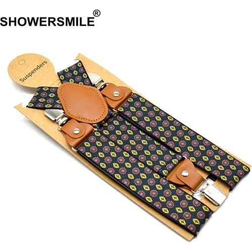 SHOWERSMILE Suspender Pants Men Sun Flower Print Straps 3 Clips Suspender Y Back Adjustable Black Braces Male Suspender Belt Man