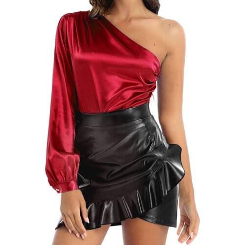 Satin Bodysuit Tops Women One Shoulder Long Sleeve Zipper Solid Color Sexy Body Suit Blouses Jumpsuit Lady Overalls Romper Shirt