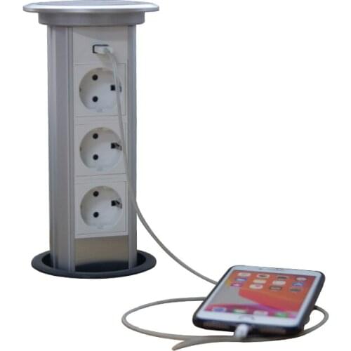 Silver Touchless Smart Motorized Lifting Hidden Power Socket Single USB 3 Power Outlets Socket High Quality Aluminum Alloy Shell