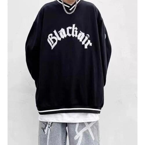 American Vintage Letter Print Loose V Neck Oversized Sweatshirt Women Couple Hip Hop Long Sleeve Street Casual Top Teens Spring