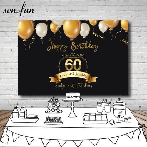 Sensfun Gold Happy 60th Birthday Party Backdrop Balloons Black Theme Men Women Photography Backgrounds Customized 7x5ft Vinyl