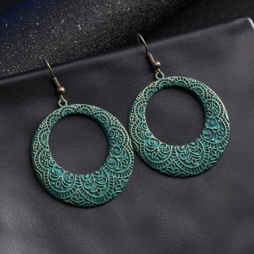 Antique Green Retro Vintage Ethnic Alloy Fashion Round Hollow Long Earrings Pendant Earring for Women Jewelry