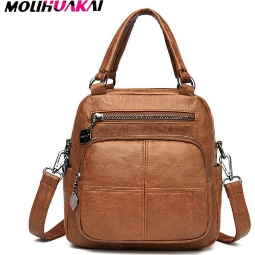 Women Leather Backpacks Vintage 3-in-1 Female Shoulder Bag Sac a Dos Travel Ladies Bagpack Mochilas School Bags For Girls Preppy