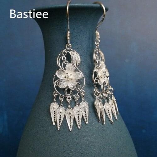 Bastiee 999 Sterling Silver Tassel Earrings For Women Gourd Feng Shui Earings Luxury Jewelry Miao Handmade Wicca Ethnic Vintage