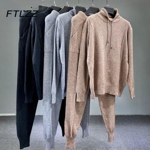 New Women Knitted Two Piece Sets Tracsuits Spring Autumn Turtleneck Sweater and Long Pants Outfits Woman Streetwear Sportsuits