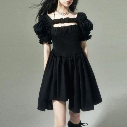 Design womens dark irregular bubble sleeve dress for womens summer black harajuku square collar dress Cascading Ruffle