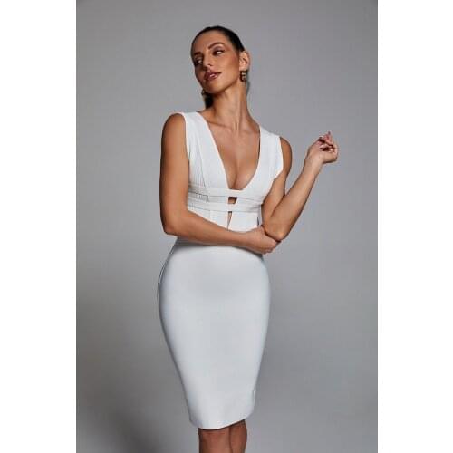 High Quality White Khaki V-neck Sleeveless Rayon Bandage Dress Sexy Fashion Party Bodycon Dress