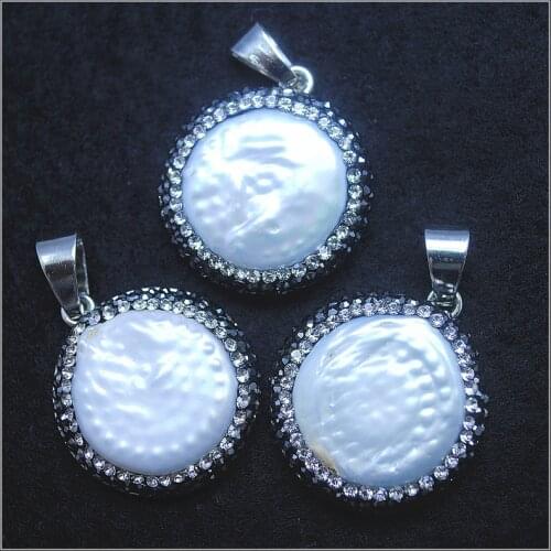 Cultured freshwater pearl pendants with rhinestone silver colors round shape with metal base size 28mm for women necklace diy beads