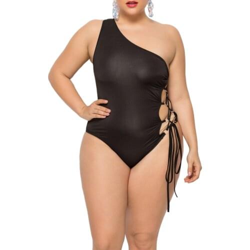 2021 Womens Solid Color One-piece Swimsuit Irregular One Strap Off-shoulder Thong Crotch Bikini for Vacation/Beach Plus Size