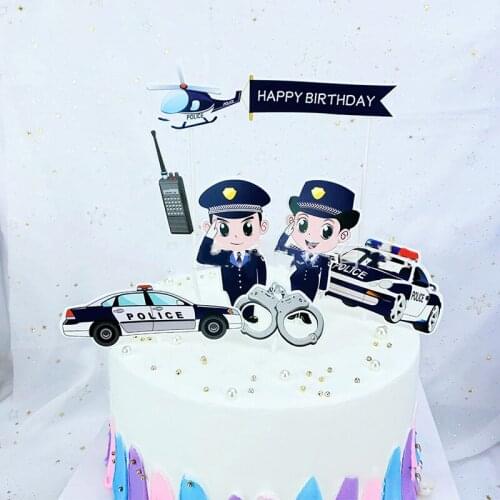 7Pcs Police Cake Toppers Policewoman Male policeman Plane handcuffs Call machine Decoration Happy Birthday Party Kids Boy Girl