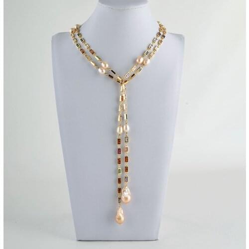 50" Cultured Pink Keshi Pearl Mixed Color Rectangle Cz Pave Long Chain Necklace