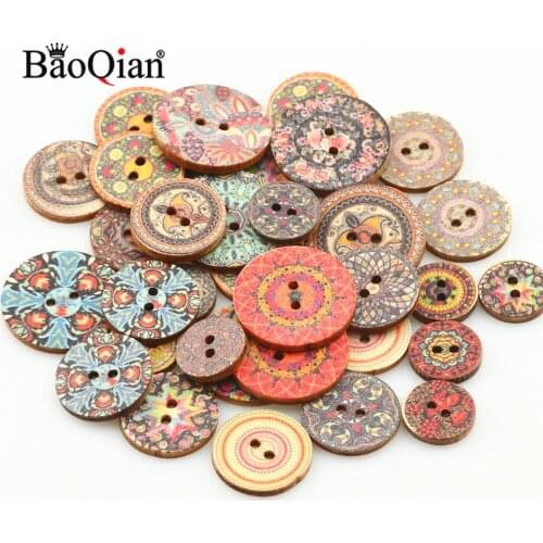 50pcs 15/20/25mm Retro Pattern Wooden Home Sewing Button Accessories DIY Fashion Clothing Decoration Scrapbook