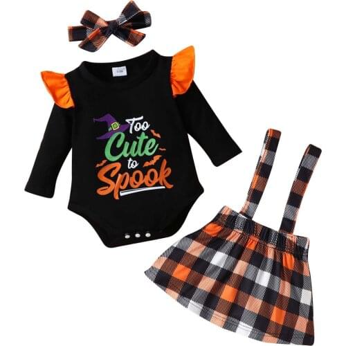 2021 Baby Girls Halloween Print Clothes Set Childrens Long Sleeve Letter Romper + Lattice Strap Skirt + headband Set