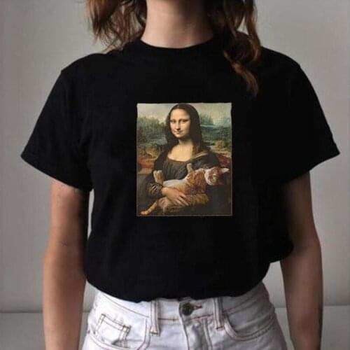 Summer Short Sleeve Harajuku Tee Shirt Femme Fashion Oil Painting Mona Lisa and Cat T Shirt Women Tops Casual Camiseta Mujer