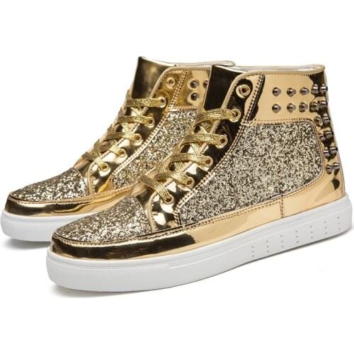 Autumn Gold Mirror Shoes Men Rivet Sneakers High-top Flat Skateboard Shoes for Men Lovers Luxury Shoes Men Casual zapatos hombre