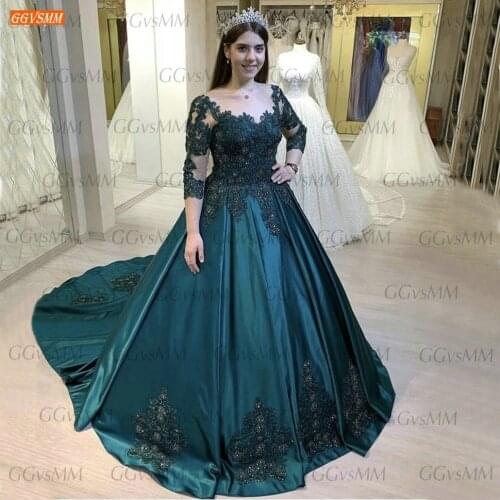 Fashion Peacock Blue Ball Gown Evening Dresses 3/4 Sleeves Lace Up Beaded 2021 robe de soirée Satin Sexy Long Formal Party Gowns