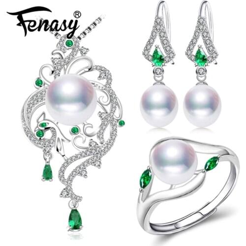 FENASY Pearl Jewelry Sets Pearl Pendant Necklace Earrings For Women Bohemian 925 sterling silver Emerald big pendant wedding