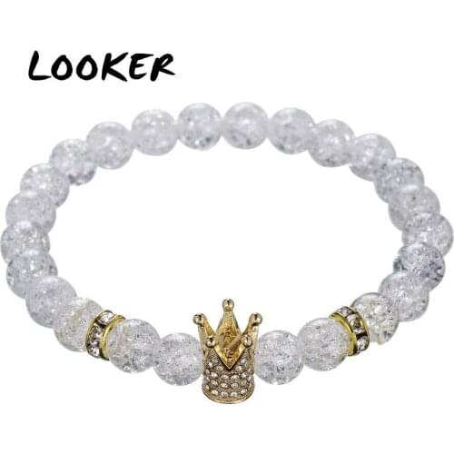 New Fashion Imperial Micro Pave Cubic Zircon Crown Charm Bracelet Men Womens White Crack Flowers Stone Beads Bracelet Jewelry