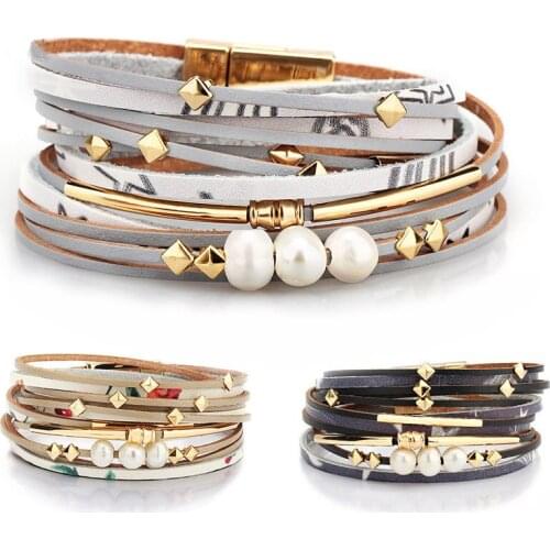 2020 Braid Leather Bracelet For Women Fashion Alloy Magnetic Buckle Multilayer Wrap Female Pearl Bracelet Bangle Jewelry Gift