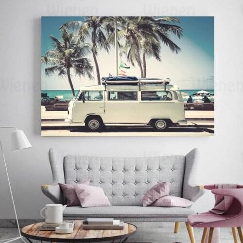 California Style Beach Scenery Poster HD Print Camper Bus Seascape Canvas Art Painting Retro Poster Home Decor Mural Frameless