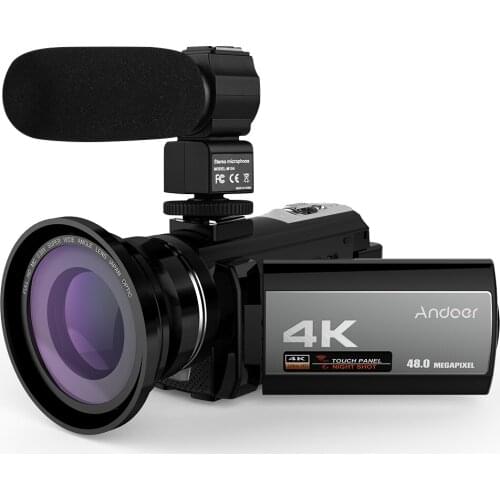 Andoer Portable 4K 48MP WiFi Digital Video Camera Camcorder 3.0 Inch Touch Screen with External Microphone