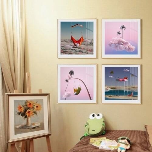 Ins Nordic Wonderland Posters Abstract Wall Decor Pictures Pink Cloud Ladder Flower Tree Wall Art Canvas Painting for Gallery