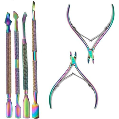 Rainbow Stainless Steel Nail Cuticle Pusher Tweezer Nail Art Files UV Gel Polish Remove Manicure Care Groove Clean Tools