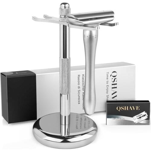 QShave Adjustable Safety Razor with Magnetic Cover 1 Razor 1 Razor Holder & 5 blades