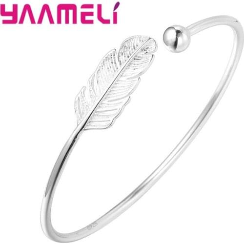 925 Sterling Silver Feather Adjustable Cuff Open Bangles for Women Expandable Wire Bangles Bracelets Gift Jewelry