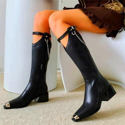 Military Boots Women Genuine Leather Square Toe Knee High Boots Motorcycle Chain Buckle Cuban Heel Party Oxfords EUR35 -43