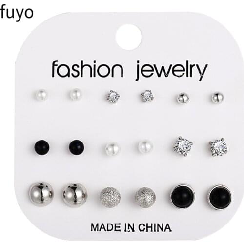 9 pairs/set black earrings Ball Simulated Pearl Stud Earrings Set Women Flower Piercing Card Stud Earring kit Bijouteria Jewelry