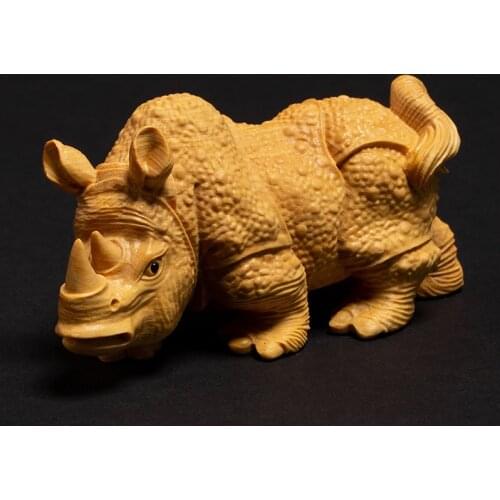 Rhino Animal Statue Boxwood Carving Home Decoration Creative Carving Crafts Solid Wood Living Room Wild Treasure Animal Ornament