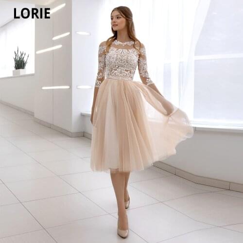 LORIE Champagne Tea-Length Wedding Dresses Short Lace Appliques Bride Gowns illusion Tulle Princess Party Dresses Beach 2021